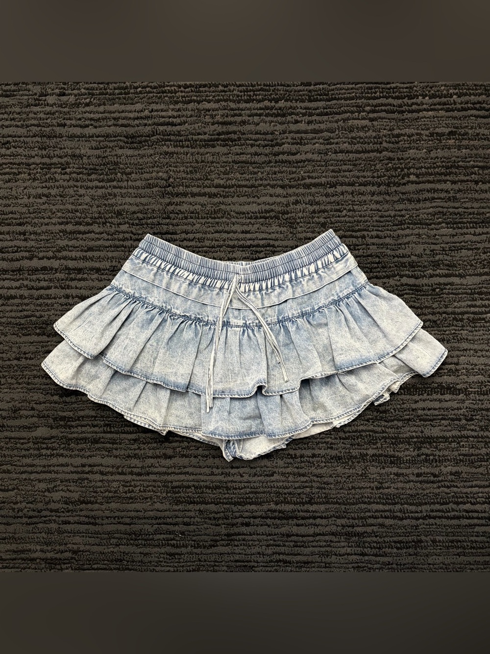 SHUG Lala Elastic Drawstring Waist Deinm Ruffle Mini Skirt - Picture 1 of 6